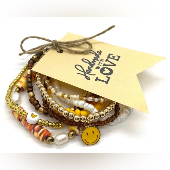 Brown Yellow Gold White Beaded Bracelet Set Boho-chic Coastal Cowgirl Preppy - Picture 5 of 6